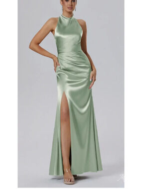 AW BRIDAL SZ 6 S sage green satin crystal Maharaol formal maxi dress NEW 0b8
